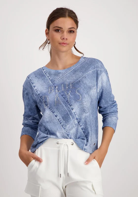 soft hoodieMonari Rhinestone Denim Print Sweatshirt, Blue