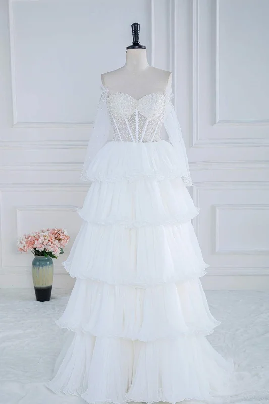 Massive Deals office dressWhite Off-Shoulder Beaded Ruffled Layers Long Prom Dress