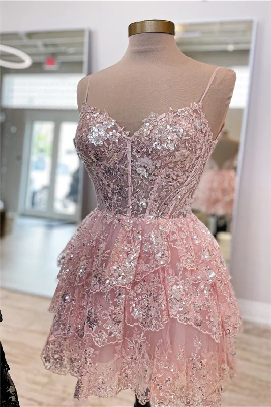 Exclusive Online Offer bodycon dressPink Straps Sequined Multi-Layers Tulle Homecoming Dress