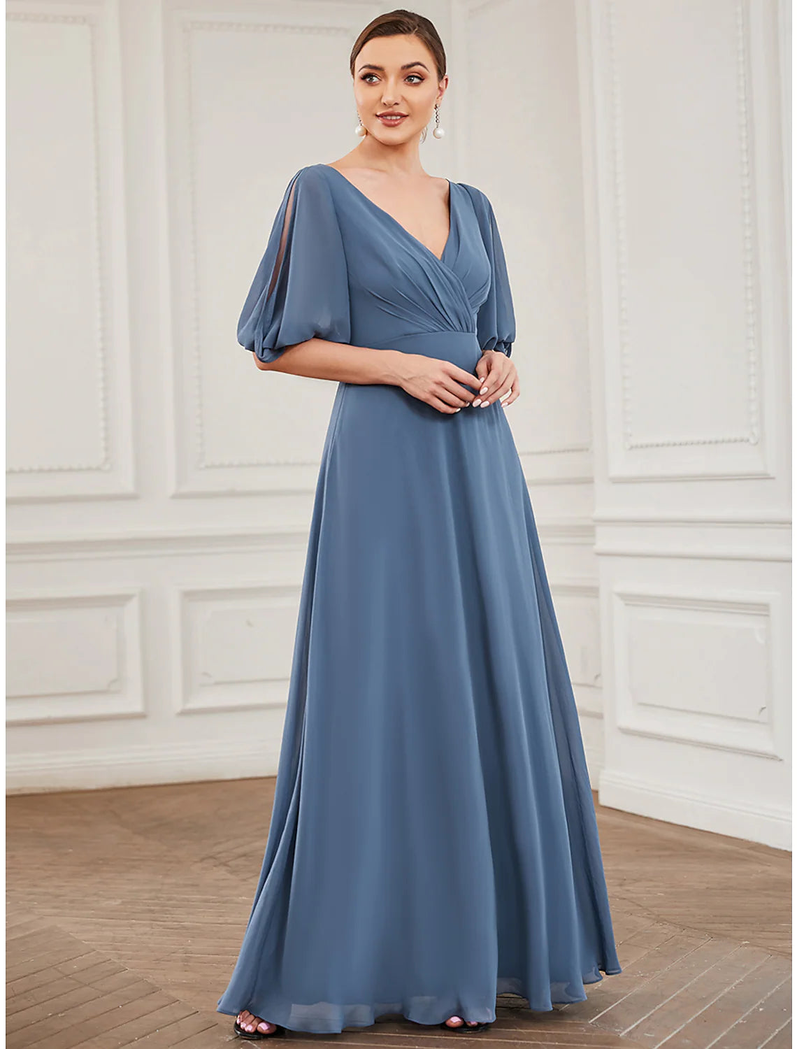 Deep Discounts A-Line Evening Gown Dress Wedding Guest Floor Length Half Sleeve V Neck Chiffon with Pleats