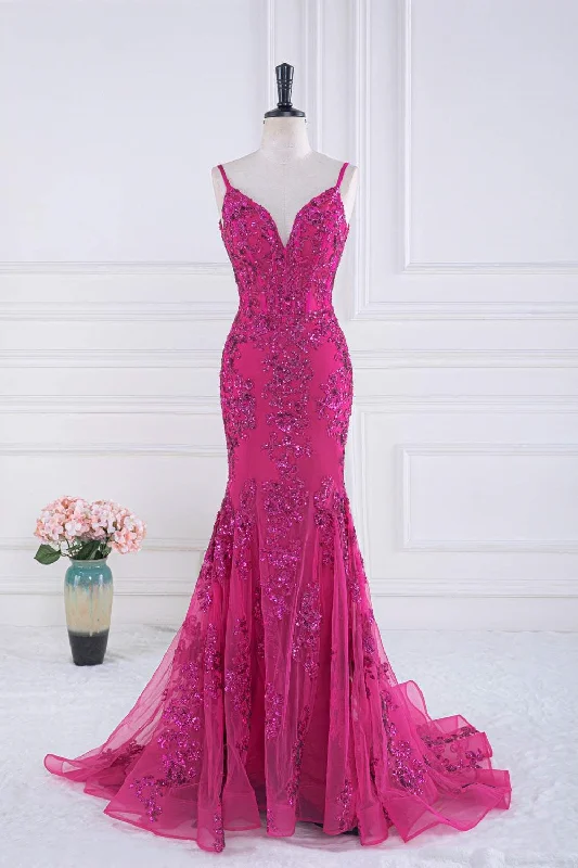 Deal Alert knit dressFuchsia Spaghetti Straps Mermaid Sequined Embroidery Long Prom Dress