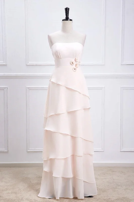 Limited Stock floral midi dressPink Strapless 3D Flowers Layers A-line Long Bridesmaid Dress