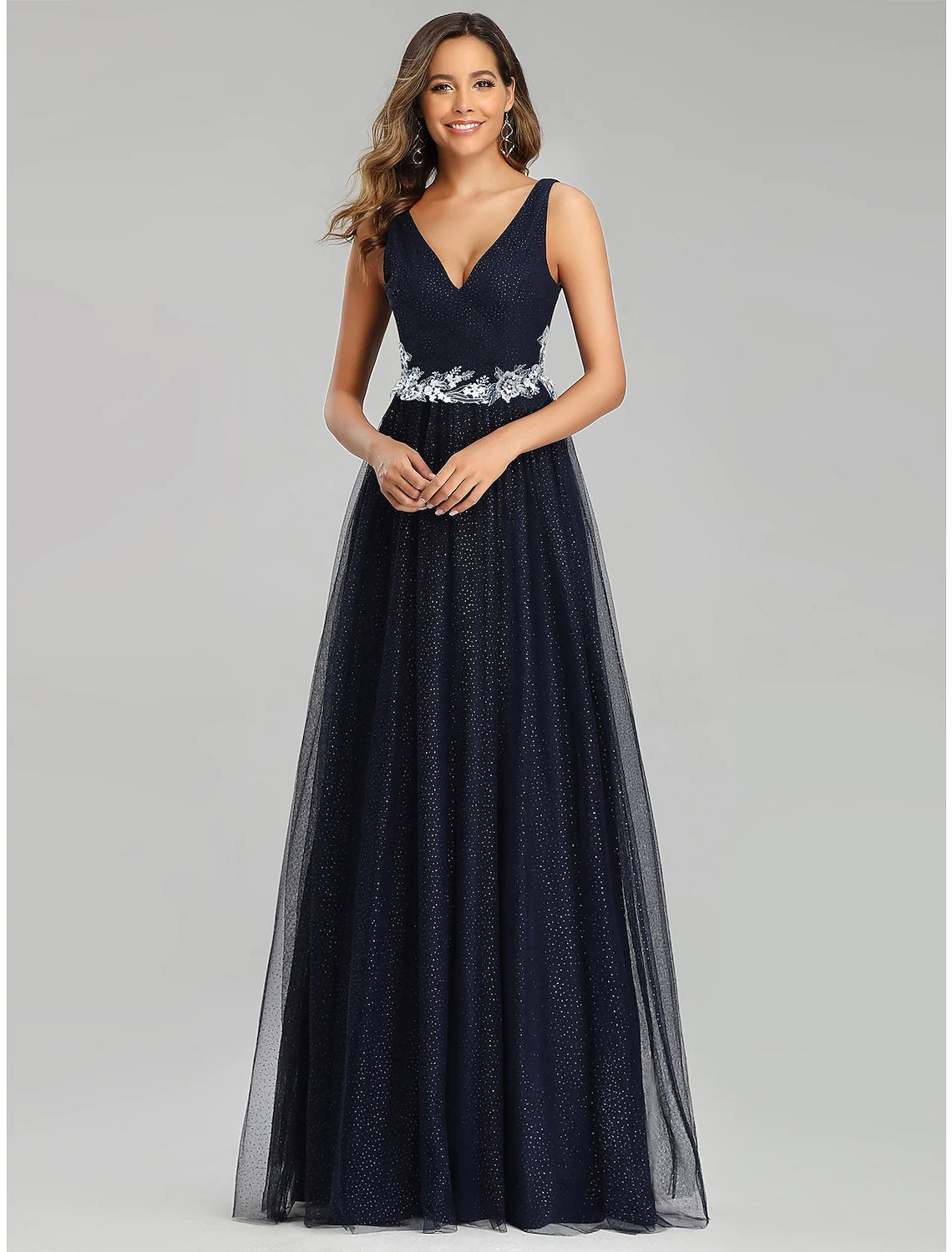 Crazy Deals A-Line Prom Dresses Dress Wedding Guest Floor Length Sleeveless V Neck Tulle with Sequin Appliques Crazy Deals A-Line Prom Dresses Dress Wedding Guest Floor Length Sleeveless V Neck Tulle with Sequin Appliques