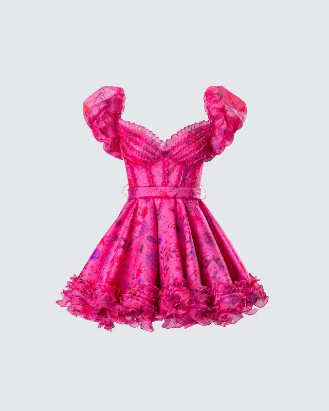 chic slip dressEni Pink Floral Organza Mini Dress