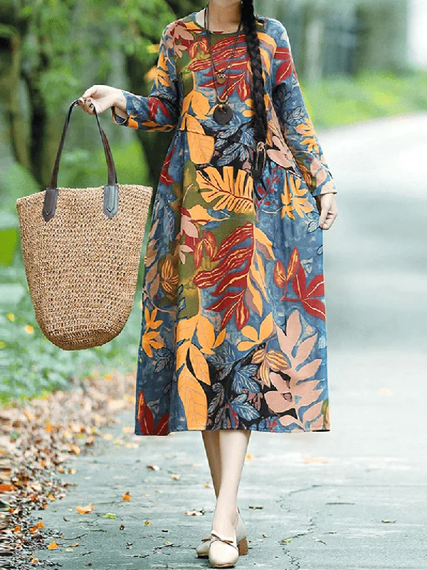 Special Price relaxed fit dressFloral Leaf Print Vintage Casual Midi Dress with Side Pockets
