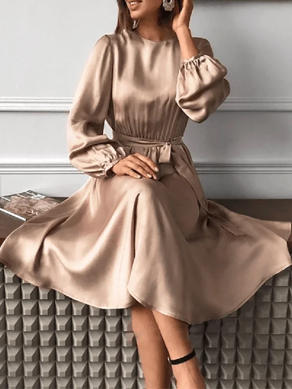 Online Only draped dressWomen Puff Sleeve O-Neck Solid Pleated Casual Stylish Fitting Dress