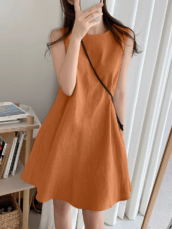 Price Drop textured dressWomen Cotton Solid Color round Neck Sleeveless Casual Midi Dress