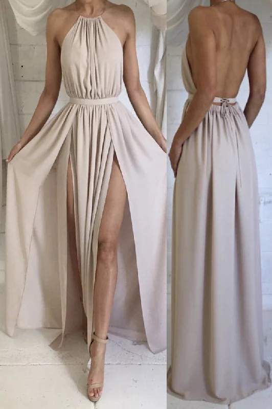 Discount Extravaganza fitted bodycon dressHalter Backless Beige Long Bridesmaid Dress with Slits
