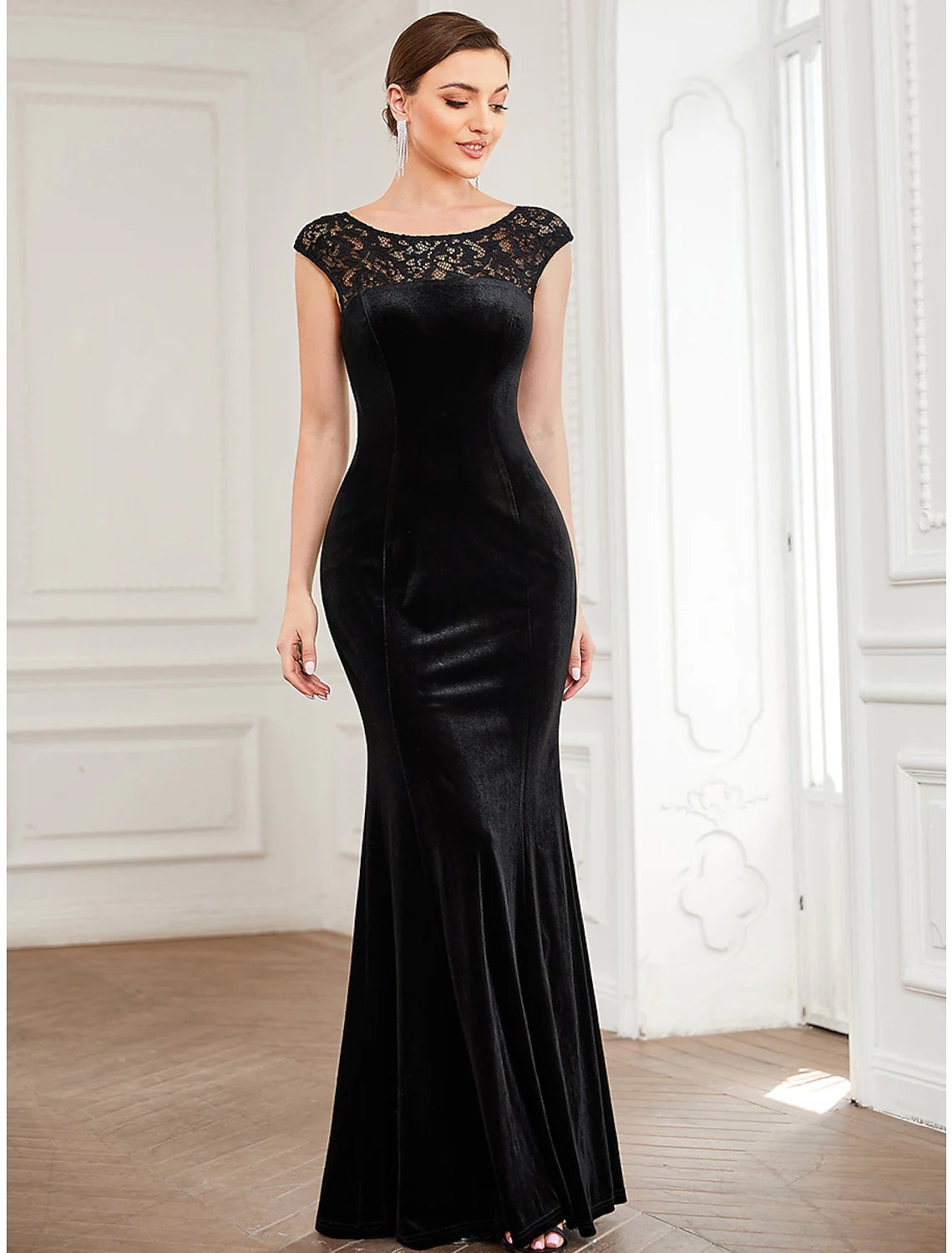 Midnight Madness Evening Gown Elegant Dress Formal Floor Length Short Sleeve Velvet Lace Insert