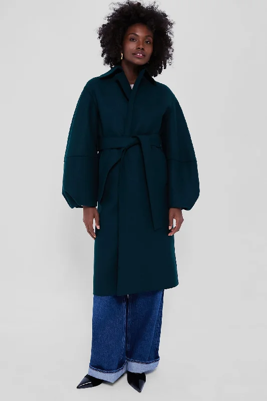 long coatBottle Green Puffed Sleeve Pressed Wool Coat