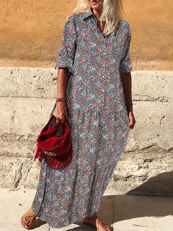 Can't Miss draped dressVintage Floral Print Lapel Pleats Long Sleeve Bohemian Shirt Maxi Dress for Women