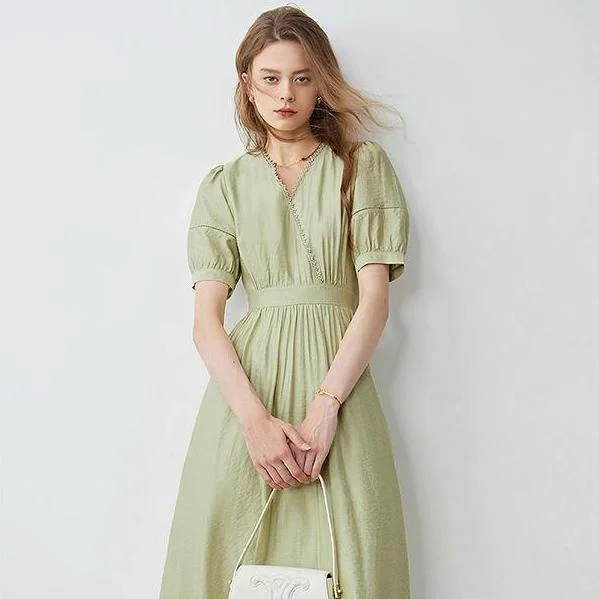 Big Discounts statement dressSummer 2024 Romantic Lace V-Neck Dress with Bubble Sleeves and A-Line Silhouette