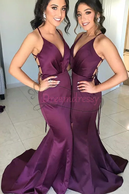 New Arrival velvet dressGorgeous Straps V Neck Plum Mermaid Long Bridesmaid Dress