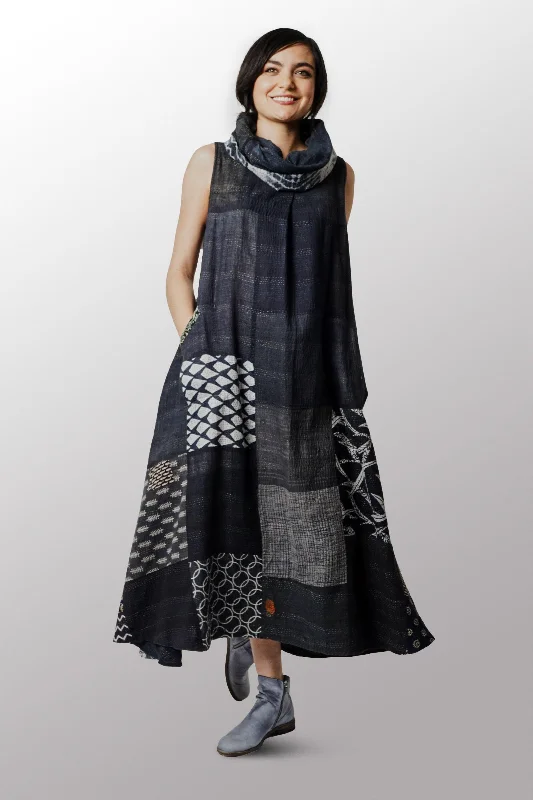 Price Cut VINTAGE BOTTOM PRINT KANTHA COWL NECK MAXI DRESS - vb2438-blk -