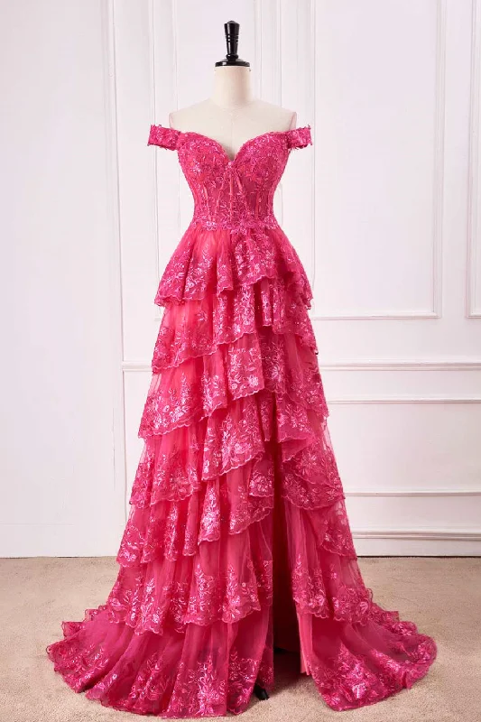 Closeout formal dressHot Pink Off-Shoulder Floral Sequined Layers Long Prom Dress with Slit