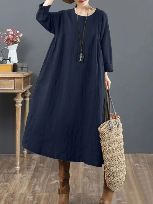 Low Prices ruched dressWomen Cotton Solid Tie Back round Neck Long Sleeve Casual Midi Dresses