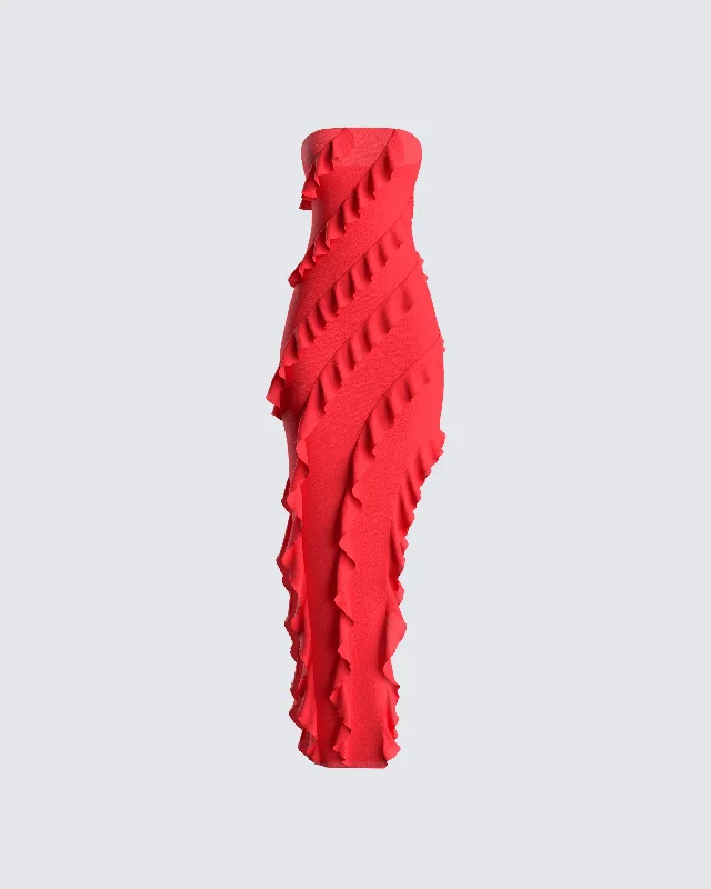 Can't Be Beat trendy mini dressBlanche Red Mesh Ruffle Maxi Dress