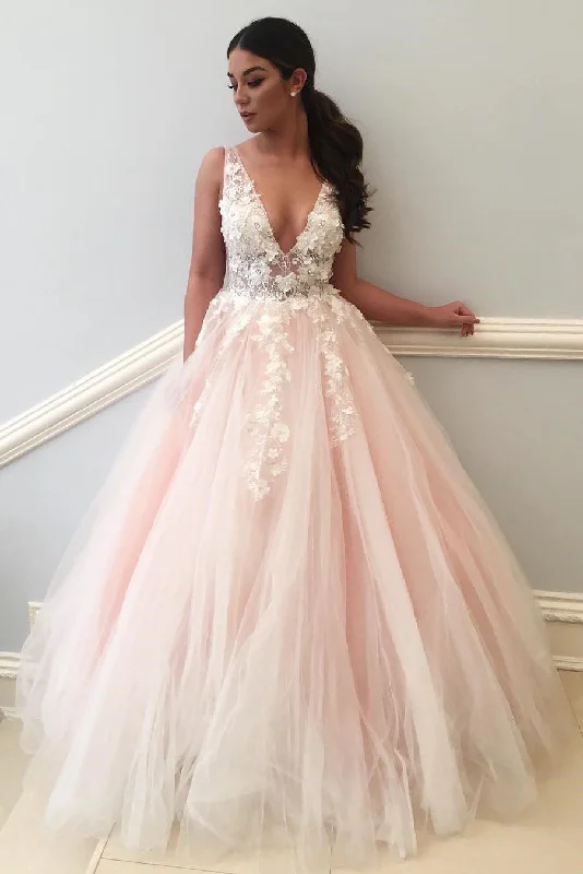 Loyalty Reward casual slip dressPrincess V Neck Pink Tulle Long Prom Dress with Lace Appliques