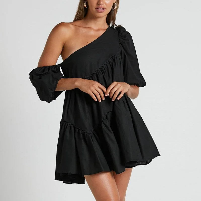 Price Reduction off-shoulder dressWomen's casual loose off-shoulder puff sleeve patchwork short-sleeved dress irregular skirt Price Reduction off-shoulder dressWomen's casual loose off-shoulder puff sleeve patchwork short-sleeved dress irregular skirt