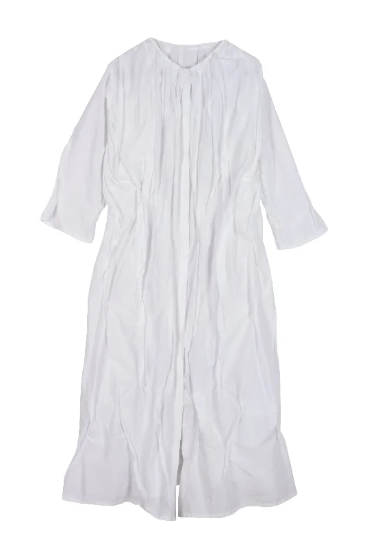 Can't Be Beat DYED COTTON SILK HEAVY VOILE WAVY TUCK CROPPED SLV. DRESS - dh1434-wht -