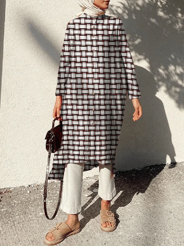 Get It Before It’s Gone statement dressWomen Mandarin Collar Plaid Print Kaftan Long Sleeve Shirt Dress