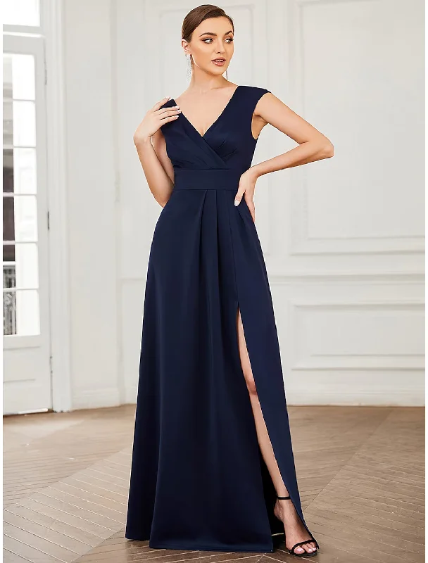 Epic Deals A-Line Evening Gown Elegant Dress Formal Floor Length Sleeveless V Neck Polyester V Back with Draping Slit