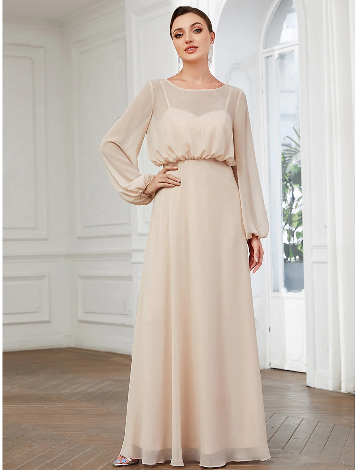 Hurry In A-Line Prom Dresses Wedding Guest Floor Length Long Sleeve Chiffon with Buttons