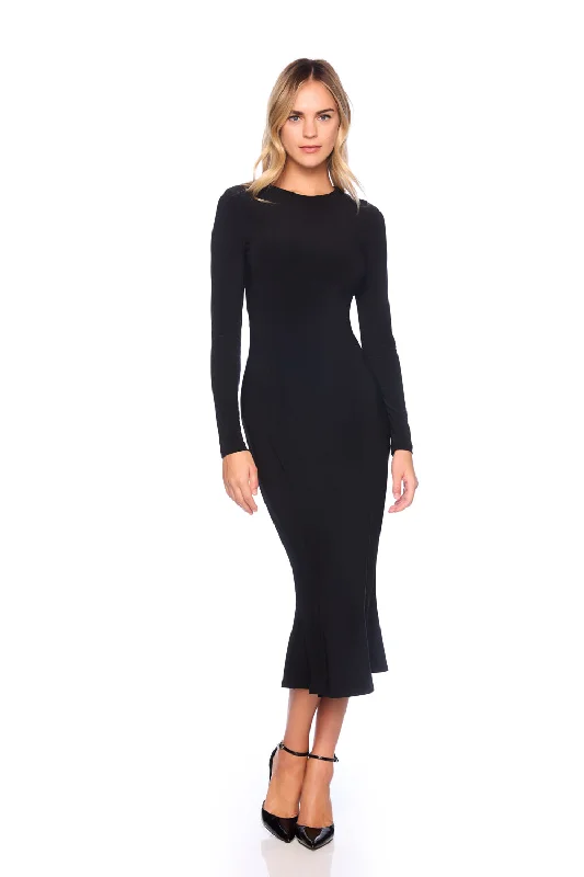 satin dressmatte jersey trumpet crew long sleeve dress