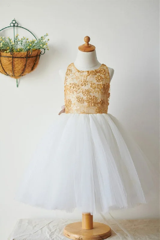 Super Savings printed dressCute Gold and White Flower Girl Dress with 3d Flowers