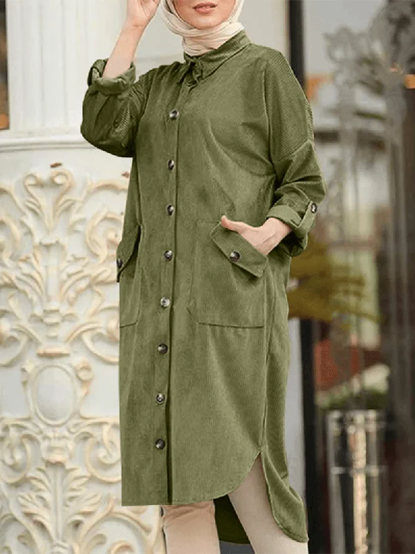 Grand Opening Sale minimalistic dressWomen Corduroy Solid Moslem Style Collared Raglan Button Front High Low Dress