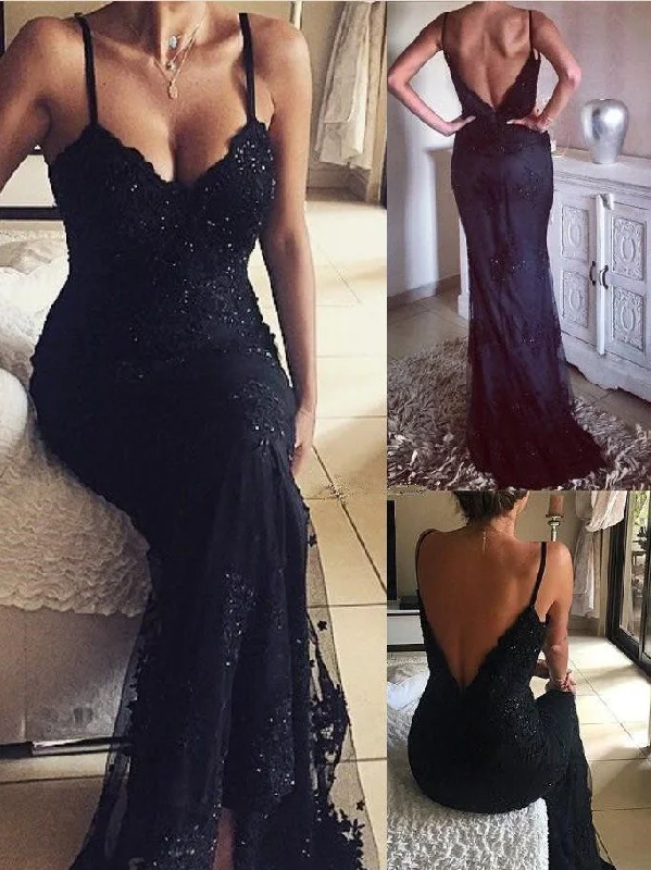 Price Drop Black Prom Dresses Sheath Spaghetti Straps Backless Prom Dress JKL1047