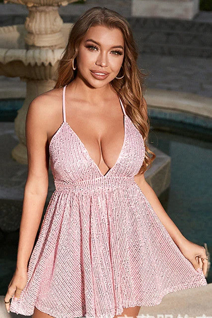 Markdowns romantic dressPink Sequins V-Neck Crisscross Back Short Cocktail Dress