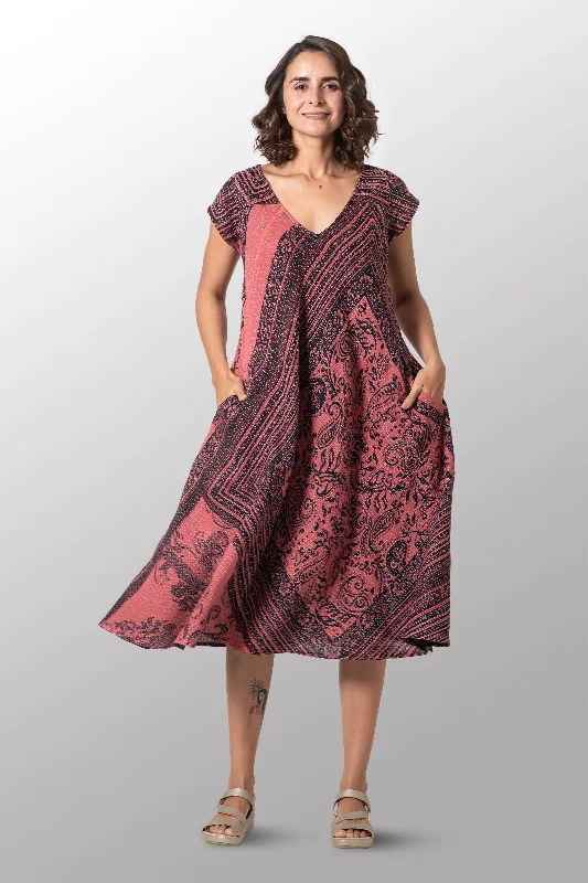 Best Bargains COTTON PAISLEY KANTHA CAP SLV. FLARE DRESS - cp2425-pik -