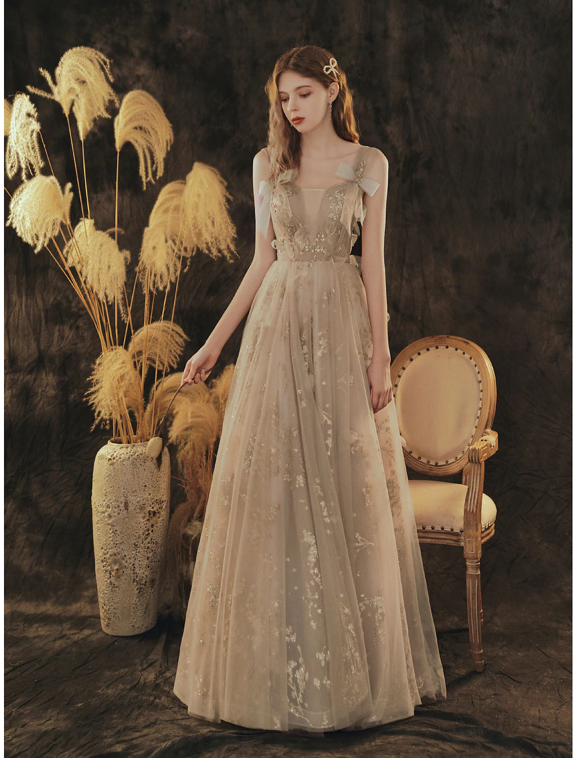 Final Clearance A-Line Elegant Engagement Formal Evening Dress Sleeveless Floor Length Tulle with Bow(s) Pleats