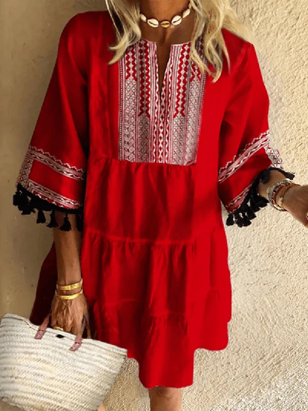 Daily Deals elegant shift dressBohemian Print Tassel Patchwork Loose O-Neck Casual Dress