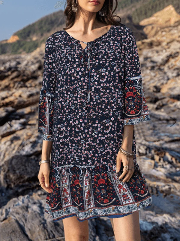 Price Reduction sleeveless dressEthnic Floral Print O-Neck 3/4 Sleeve Ruffles Hem Bohemian Holiday Mini Dress