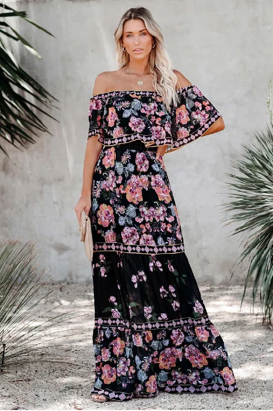 A-line dressOff Shoulder Floral Print Tiered Maxi Dress