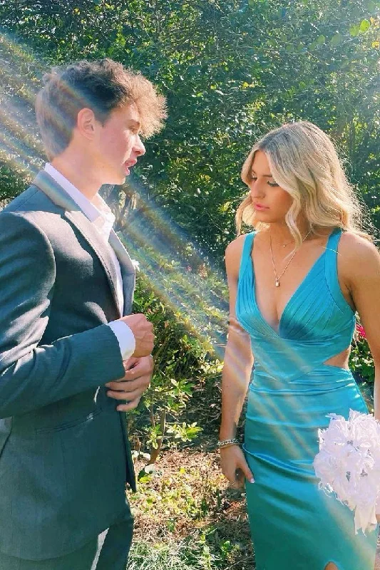Huge Discounts off-shoulder dressV Neck Blue Cutout Long Prom Dress