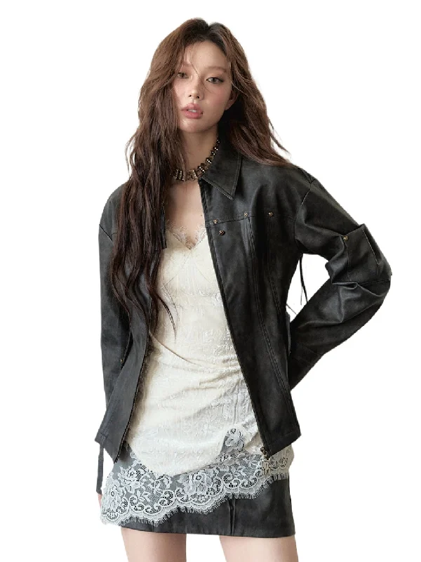 stylish lightweight coatDark Brown Studded PU Leather Jacket