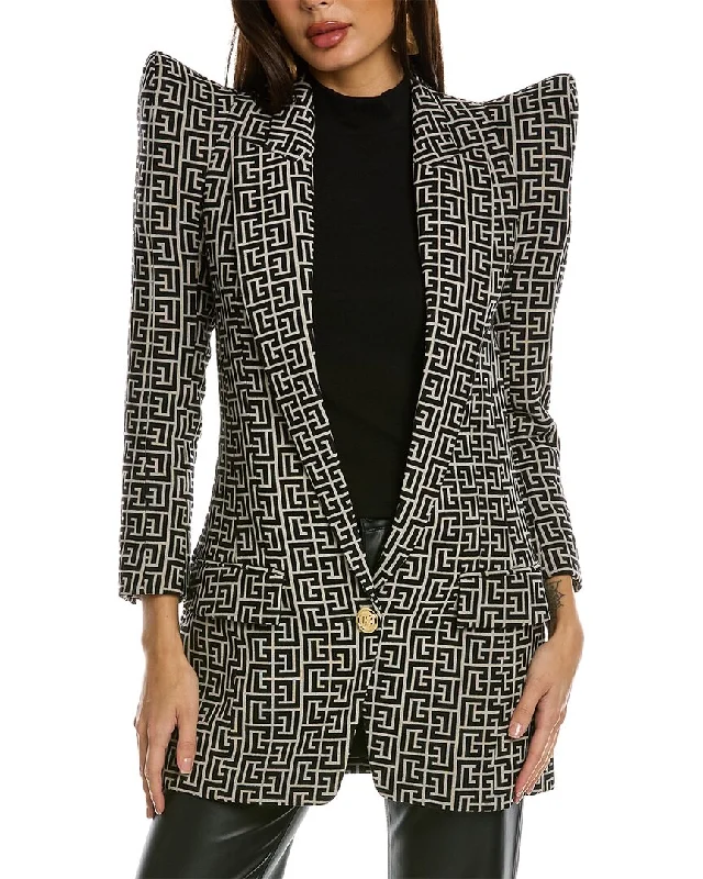 Anniversary Sale wool coatBalmain 1-Button Shoulder Pad Monogram Wool Jacket
