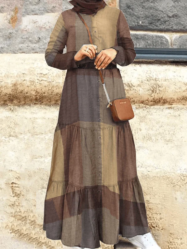 Crazy Savings wrap dressWomen Plaid Retro Stand Collar Layered Button Long Sleeve Maxi Dress