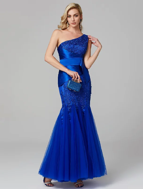 Extra Savings Elegant Dress Holiday Floor Length Sleeveless One Shoulder Lace Over Tulle with