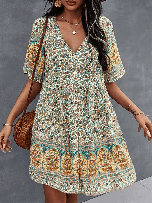 YEAR-End Sale printed dressBohemia Floral Ethnic V-Neck Button Short Sleeve Print Dress