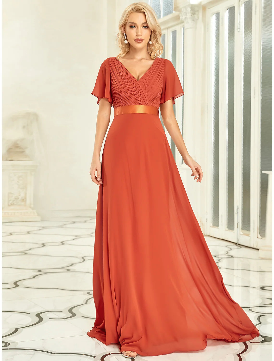Daily Deals A-Line Plus Size Prom Formal Evening Dress V Neck V Back Short Sleeve Floor Length Chiffon with Pleats Ruched