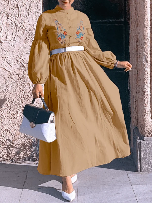 Today's Special t-shirt dressWomen Lantern Sleeve Stand Collar Embroidery Pleats Long Sleeve Ankle Length Maxi Dresses