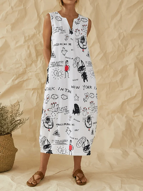 Steals and Deals oversized dressCartoon Fun Graffiti Print Sleeveless V-Neck Casual Dress with Pocket