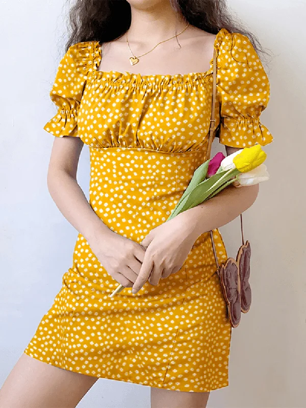 Closeout party dressFloral Print Square Collar Pleating Short Sleeve Mini Dress