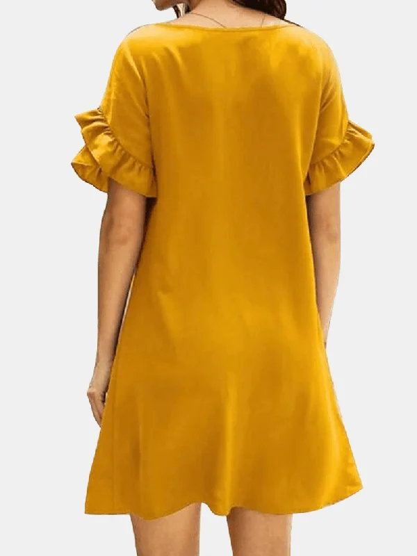Today’s Deal office dressSolid Causal V-Neck Short Ruffled Sleeve Dress for Women