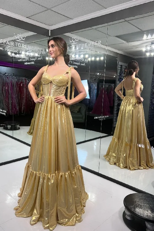 Bargain Prices winter dressBow Straps Gold Metallic A-line Long Formal Dress