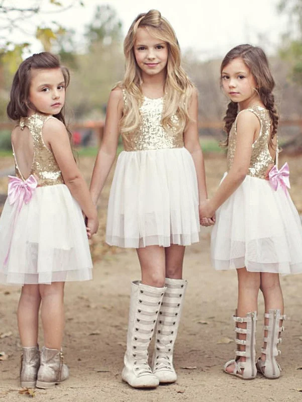 Closeout elegant dressSequins Short Ivory Flower Girl Dress with Pink Bow